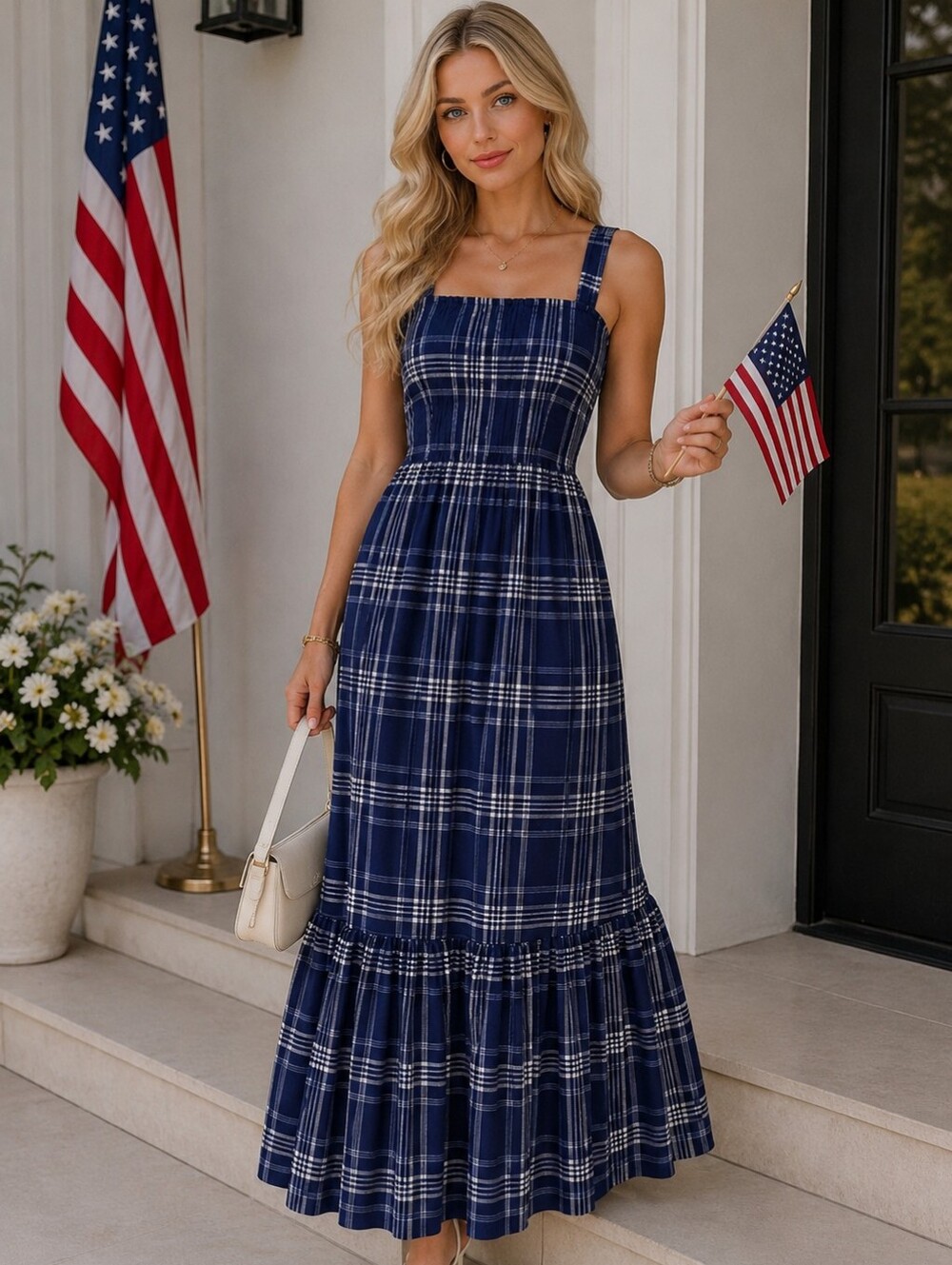 NWT Hill House Home Anjuli Nap Maxi Dress in Navy Blue Spring Plaid XXS 4th July